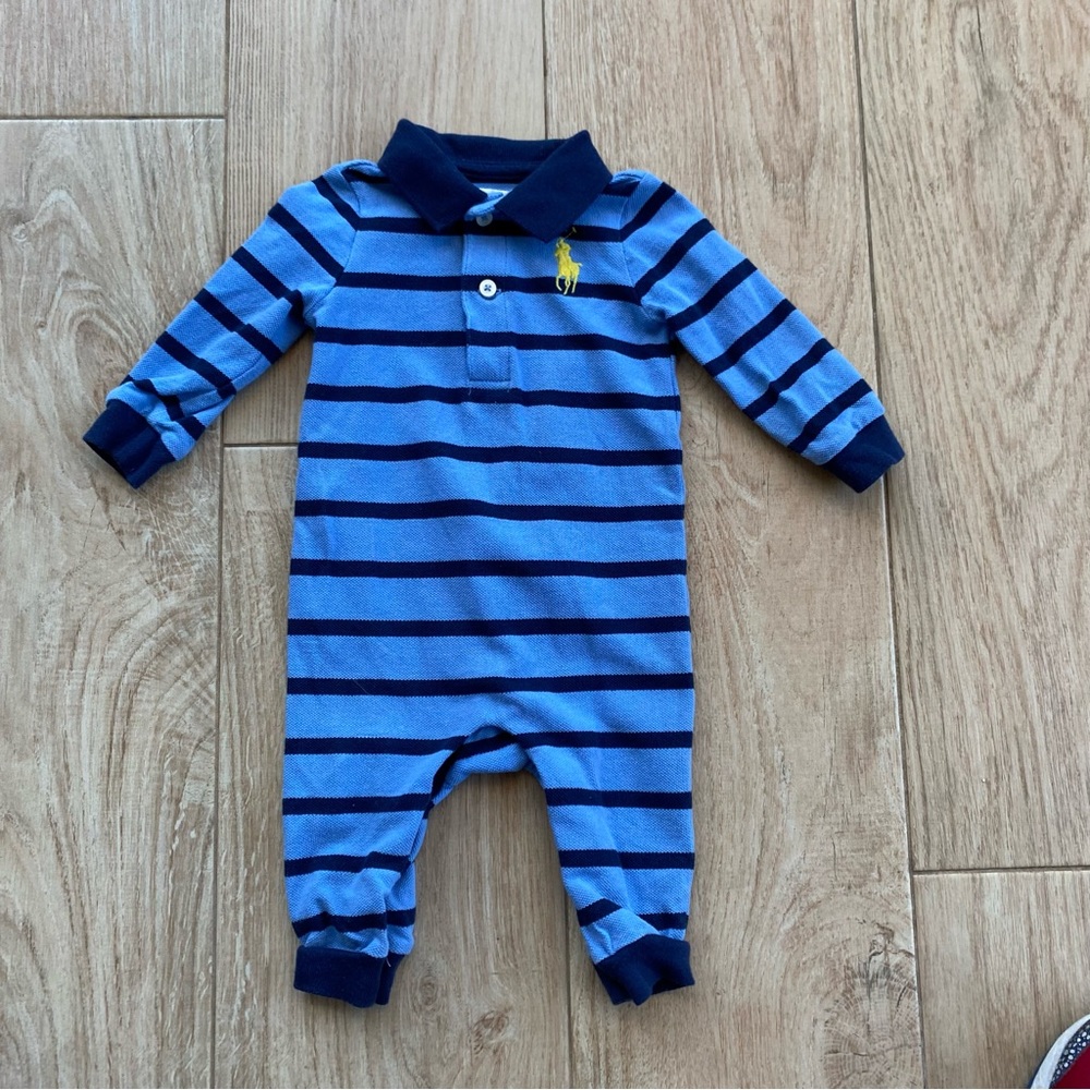 Ralph Lauren 6m Long Sleeve Collared One Piece Blue Stripe Yellow Logo.
